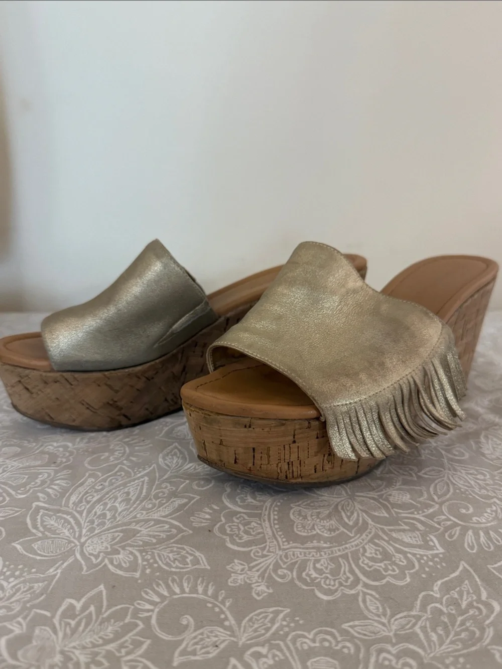 Marc Fisher Metallic Gold Fringe Cork Wedge Slides